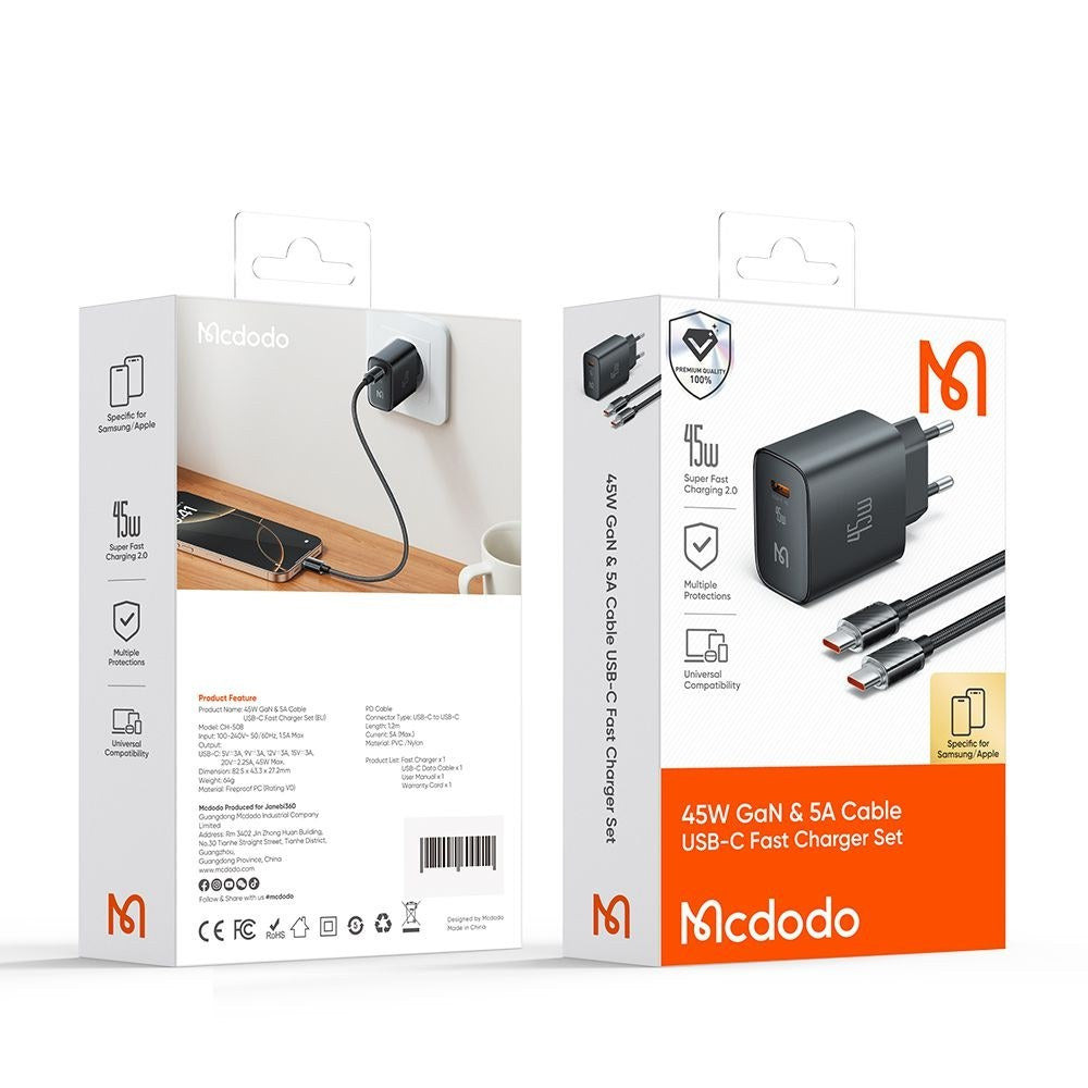 Mcdodo 45W USB-C Fast Charger Set /. شاحن سريع (45واط) بمنفذ (تايب-سي) مع كيبل من مكدودو
