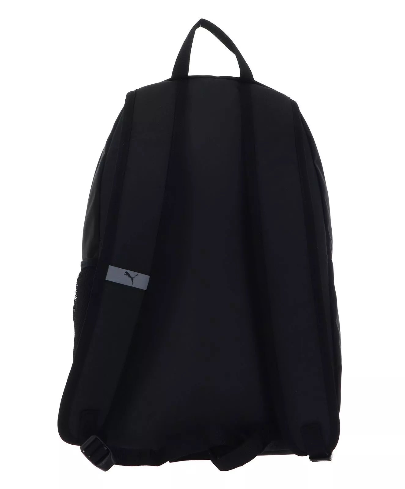 Back view of black Puma Phase Backpack showing padded shoulder straps and mesh side pocket