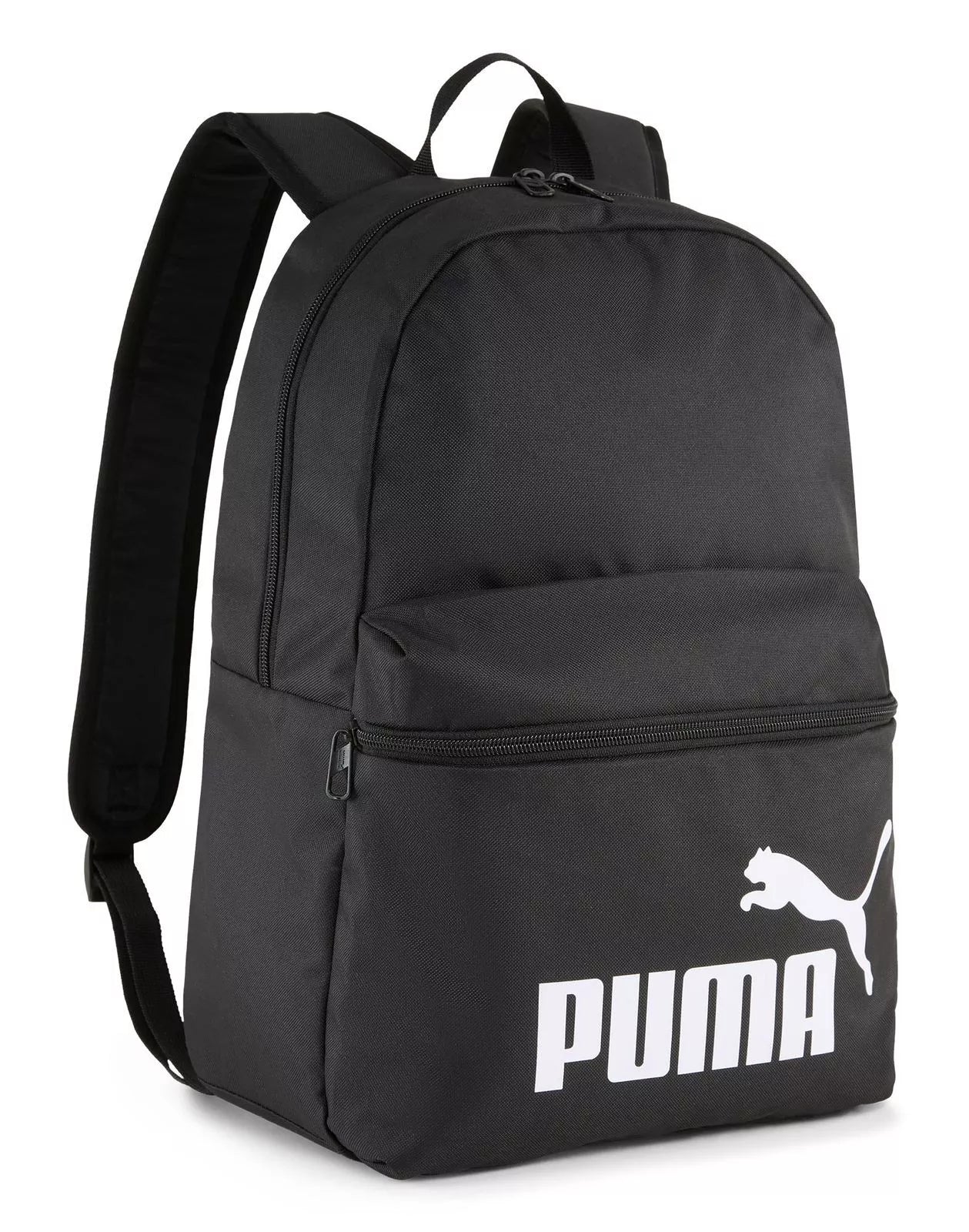 Angled front view of black Puma Phase Backpack with bold branding and top handle