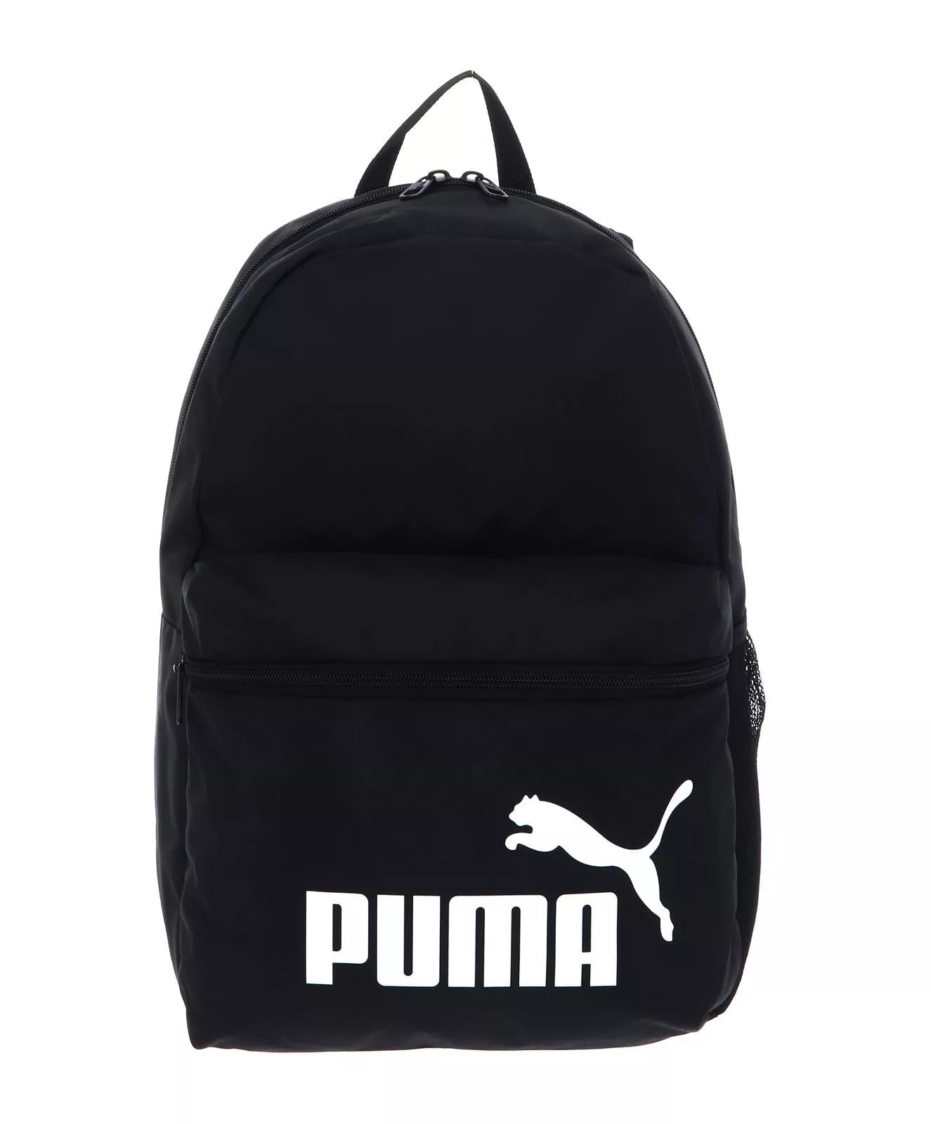 Front view of black Puma Phase Backpack with white logo and zippered front pocket