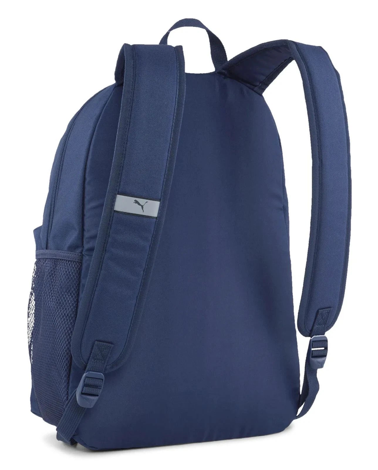Back view of navy blue Puma Phase Backpack with padded straps and side mesh pocket