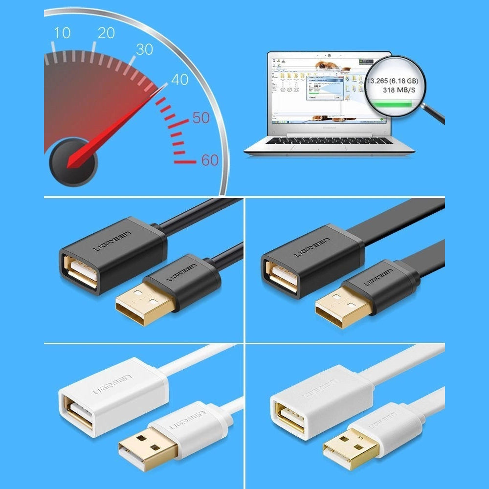 USB cables with a laptop and speedometer on a blue background