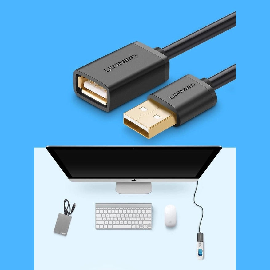 USB adapter cable with a computer setup on a blue background